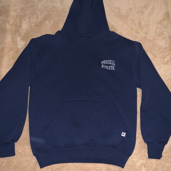 Russell Athletic Youth Medium Embroidery Navy Blue Sweatshirt Hoodie Pocket C03 - Picture 1 of 6